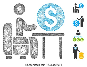 Vector network banker office. Geometric hatched carcass flat network generated with banker office icon, designed from intersected lines. Some bonus icons are added.