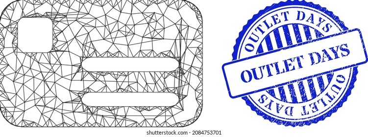 Vector network banking card framework, and Outlet Days blue round dirty seal print. Crossed carcass network symbol created from banking card icon, is created from crossing lines.
