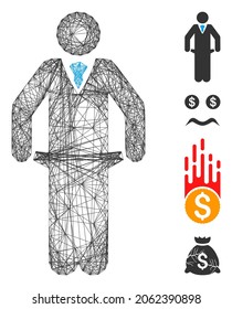 Vector network bankrupt. Geometric linear frame flat network generated with bankrupt icon, designed with crossed lines. Some bonus icons are added.