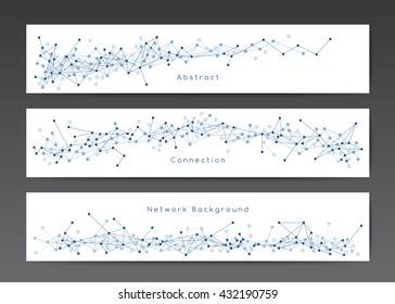 Vector network banner templates on white, horizontal banners with dots and lines, connection concept