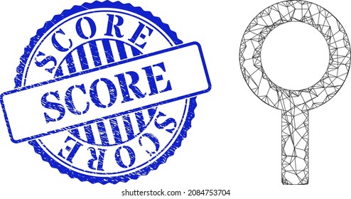Modelo de símbolo de género estéril de red vectorial, e imitación de sello texturizado redondo azul Score. La imagen de red de canales por cable basada en un icono de símbolo de género estéril, se hace con líneas interseccionadas.