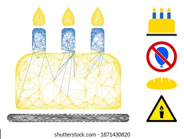 Vector network birthday cake. Geometric wire frame flat network generated with birthday cake icon, designed with intersected lines. Some bonus icons are added.