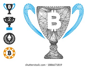 Vector network Bitcoin award cup. Geometric hatched carcass flat network made from Bitcoin award cup icon, designed from crossing lines. Some bonus icons are added.
