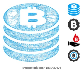 Vector network Bitcoin coin column. Geometric wire carcass flat network generated with Bitcoin coin column icon, designed with crossed lines. Some bonus icons are added.