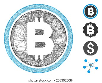 Vector network Bitcoin coin. Geometric hatched frame flat network based on Bitcoin coin icon, designed from intersected lines. Some other icons are added.