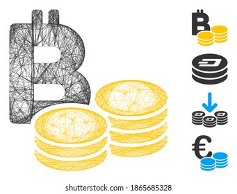 Red de vectores Monedas de bitcoin. Red geométrica de marco de alambre de 2D hecha del icono de las monedas de Bitcoin, diseñada a partir de líneas entrelazadas. Se añaden algunos iconos adicionales.