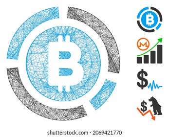 Vector network Bitcoin diagram. Geometric wire carcass 2D network generated with Bitcoin diagram icon, designed with intersected lines. Some bonus icons are added.