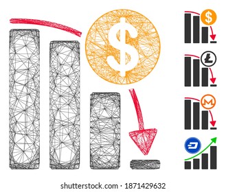 Vector network Bitcoin falling acceleration graph. Geometric hatched carcass 2D network made from Bitcoin falling acceleration graph icon, designed from intersected lines. Some bonus icons are added.