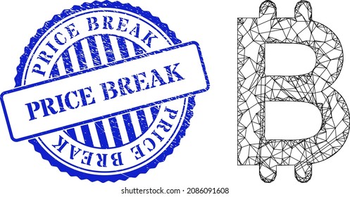 Vector network bitcoin frame, and Price Break blue round rubber stamp. Wire frame network illustration based on bitcoin pictogram, is generated with crossing lines.