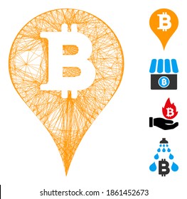 Vector network Bitcoin marker. Geometric wire carcass flat network made from Bitcoin marker icon, designed from crossing lines. Some bonus icons are added.