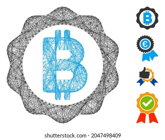 Vector network Bitcoin medal seal. Geometric wire carcass flat network made from Bitcoin medal seal icon, designed from crossing lines. Some other icons are added.