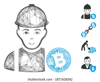 Vector network Bitcoin miner. Geometric wire frame flat network made from Bitcoin miner icon, designed from crossing lines. Some bonus icons are added.