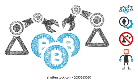 Vector network Bitcoin mining robotics. Geometric linear frame 2D network made from Bitcoin mining robotics icon, designed from crossed lines. Some additional icons are added.