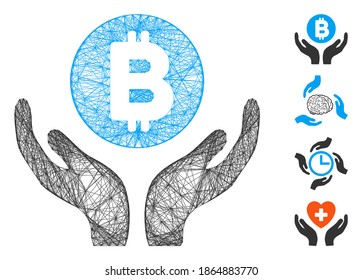 Vector network Bitcoin support hands. Geometric linear carcass flat network generated with Bitcoin support hands icon, designed with crossed lines. Some bonus icons are added.