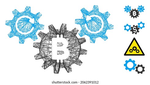 Vector network Bitcoin wheels rotation. Geometric hatched carcass 2D network generated with Bitcoin wheels rotation icon, designed with intersected lines. Some bonus icons are added.