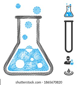Vector network boiling water flask. Geometric wire carcass 2D network generated with boiling water flask icon, designed with crossing lines. Some bonus icons are added.