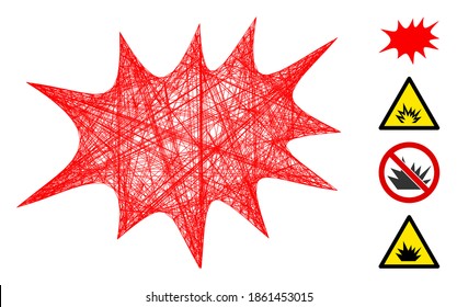 Vector network boom bang. Geometric wire carcass 2D network generated with boom bang icon, designed with crossing lines. Some bonus icons are added.