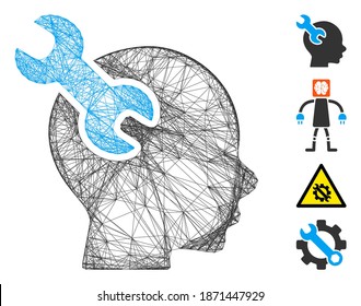 Vector network brain service wrench. Geometric wire carcass flat network generated with brain service wrench icon, designed with crossed lines. Some bonus icons are added.
