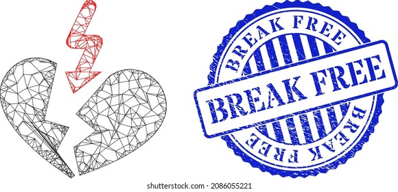 Vector network breakup heart frame, and Break Free blue round corroded stamp. Wire frame network image created from breakup heart pictogram, is made from crossed lines.