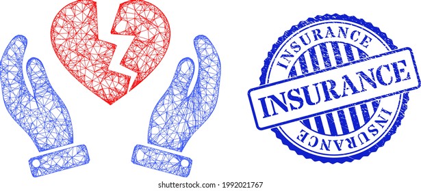 Vector network broken heart protection hands frame, and Insurance blue rosette scratched watermark. Crossed frame net illustration designed with broken heart protection hands pictogram,