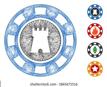 Vector network bulwark casino chip. Geometric hatched carcass flat network made from bulwark casino chip icon, designed from crossing lines. Some bonus icons are added.