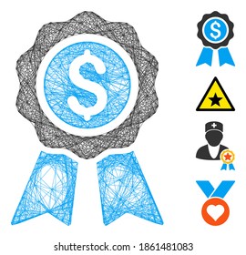 Vector network business award. Geometric hatched frame flat network generated with business award icon, designed with intersected lines. Some bonus icons are added.