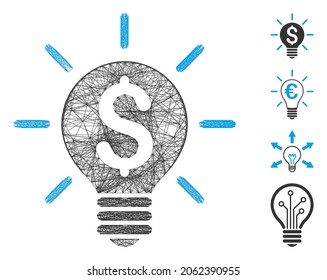 Vector network business idea bulb. Geometric wire frame flat network generated with business idea bulb icon, designed with intersected lines. Some bonus icons are added.