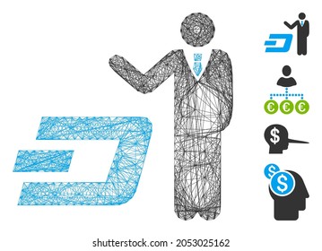 El empresario de la red de vectores muestra a Dash. Red plana de canal lineal geométrica generada con el icono Dash del hombre de negocios, diseñado con líneas interseccionadas. Se añaden algunos iconos adicionales.