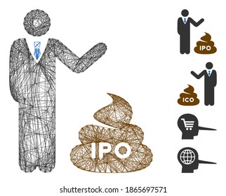 Vector network businessman show IPO shit. Geometric linear carcass 2D network generated with businessman show IPO shit icon, designed with crossed lines. Some bonus icons are added.