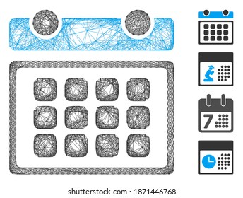 Vector network calendar month. Geometric hatched carcass 2D network generated with calendar month icon, designed with crossing lines. Some bonus icons are added.