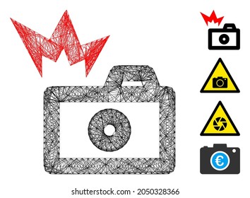 Vector network camera flash. Geometric wire frame 2D net generated with camera flash icon, designed with crossed lines. Some other icons are added.