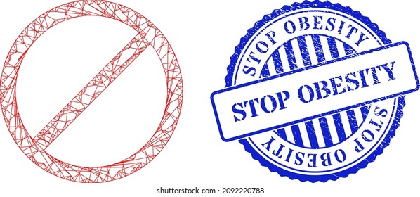 Vector network cancel framework, and Stop Obesity blue round textured seal imitation. Crossed frame network illustration created from cancel icon, is created from intersected lines.