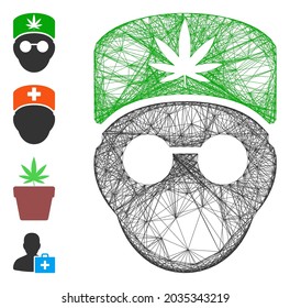 Vector network cannabis doctor head. Geometric linear frame 2D network made from cannabis doctor head icon, designed from crossed lines. Some bonus icons are added.