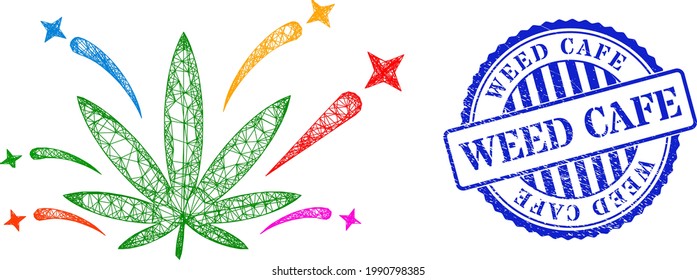 Red vectora de cáñamo euforia wireframe y sello impuro de rosette azul de Weed Cafe. Imagen de red de marco cruzada creada a partir del icono de la euforia del cannabis, generada a partir de líneas interseccionadas.