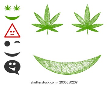 Vector network cannabis smile. Geometric linear carcass flat network made from cannabis smile icon, designed from crossed lines. Some bonus icons are added.