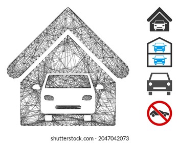 Vektor-Netzwerk-Autogarage. Geometrisches Flachnetz aus Drahtseilen, erzeugt mit dem Symbol der Autogarage, konstruiert mit Schnittlinien. Es werden einige ähnliche Symbole hinzugefügt.