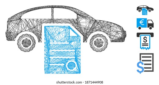 Vector network car sale contract. Geometric linear frame flat network made from car sale contract icon, designed from intersected lines. Some bonus icons are added.