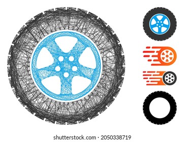 Vektor-Netzwerk-Autorad. Geometrisches Flachnetz für Drahtseile, hergestellt aus dem Symbol des Autoradens, entworfen aus gekreuzten Linien. Es werden einige ähnliche Symbole hinzugefügt.