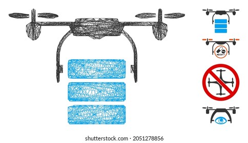 Vector network cargo drone. Geometric hatched frame flat network made from cargo drone icon, designed from crossing lines. Some other icons are added.