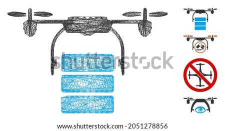 Vector network cargo drone. Geometric hatched frame flat network made from cargo drone icon, designed from crossing lines. Some other icons are added.
