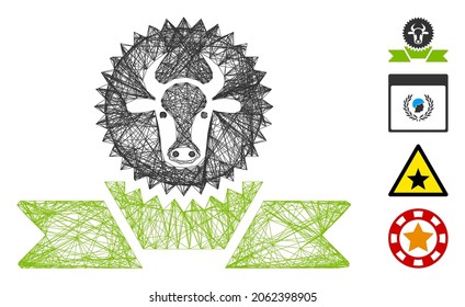 Vector network cattle award ribbon. Geometric wire frame flat network made from cattle award ribbon icon, designed from intersected lines. Some bonus icons are added.