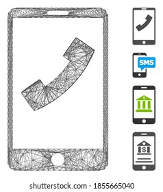 Vector network cell phone. Geometric wire carcass flat network generated with cell phone icon, designed with crossed lines. Some bonus icons are added.