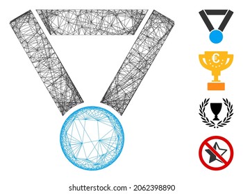 Vector network champion award. Geometric wire frame flat network made from champion award icon, designed from crossed lines. Some bonus icons are added.