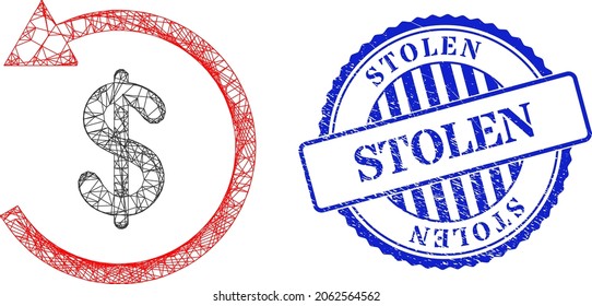 Vector network chargeback wireframe, and Stolen blue rosette scratched stamp seal. Linear frame network symbol designed with chargeback pictogram, created with intersected lines.