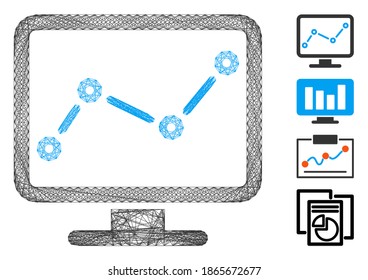 Vector network chart monitoring. Geometric wire carcass flat network made from chart monitoring icon, designed from crossing lines. Some bonus icons are added.