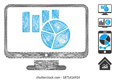 Vector network charts monitoring. Geometric hatched frame flat network generated with charts monitoring icon, designed with crossed lines. Some bonus icons are added.