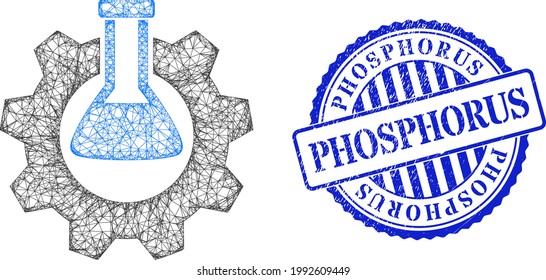 Vector network chemical industry wireframe, and Phosphorus blue rosette scratched seal. Linear frame network symbol created from chemical industry pictogram, is made from intersected lines.