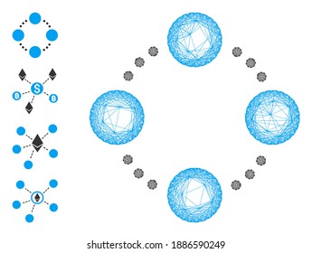 Vector network circular relations. Geometric hatched frame 2D network generated with circular relations icon, designed with intersected lines. Some bonus icons are added.