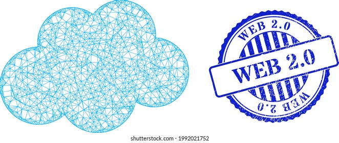 Vector network cloud carcass, and Web 2.0 blue rosette unclean seal print. Linear carcass network symbol created from cloud icon, is created from crossing lines. Blue stamp includes Web 2.