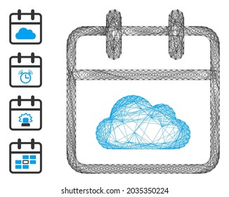 Vector network cloudy day. Geometric hatched carcass flat network generated with cloudy day icon, designed with crossed lines. Some bonus icons are added.